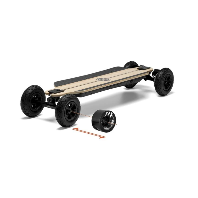 skateboard électrique proposé avec deux types de roues adaptées au ride tous terrain ou sur route lisse