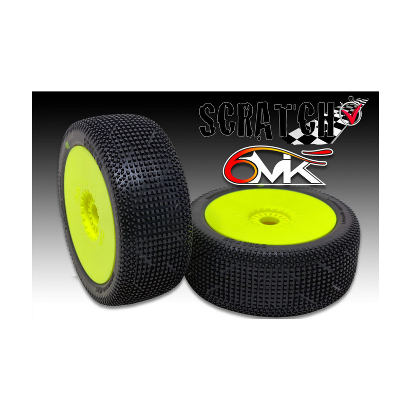 Set 2 banden 1/8 BUGGY SCRATCH 6MIK gemonteerd gelijmd op GEEL VELGEN met ULTRA INSERT