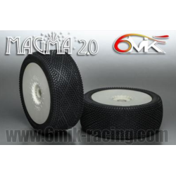 Set 2 banden 1/8 BUGGY MAGMA 2.0 6MIK gemonteerd gelijmd op WIT VELGEN met ULTRA INSERT te koop belgie rc winkel