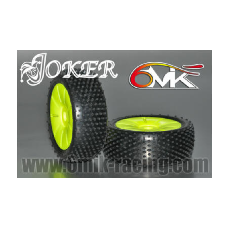 Kit 2 pneus 1/8 BUGGY JOKER 6MIK montés collés sur JANTES JAUNES avec INSERT ULTRA
