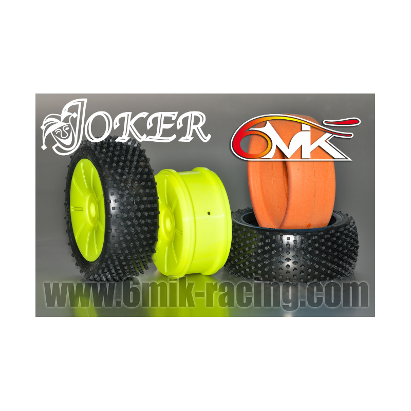 2 pneus 1/8 BUGGY JOKER 6MIK + JANTES JAUNES + INSERT ULTRA magasin modélisme rc off road belgique