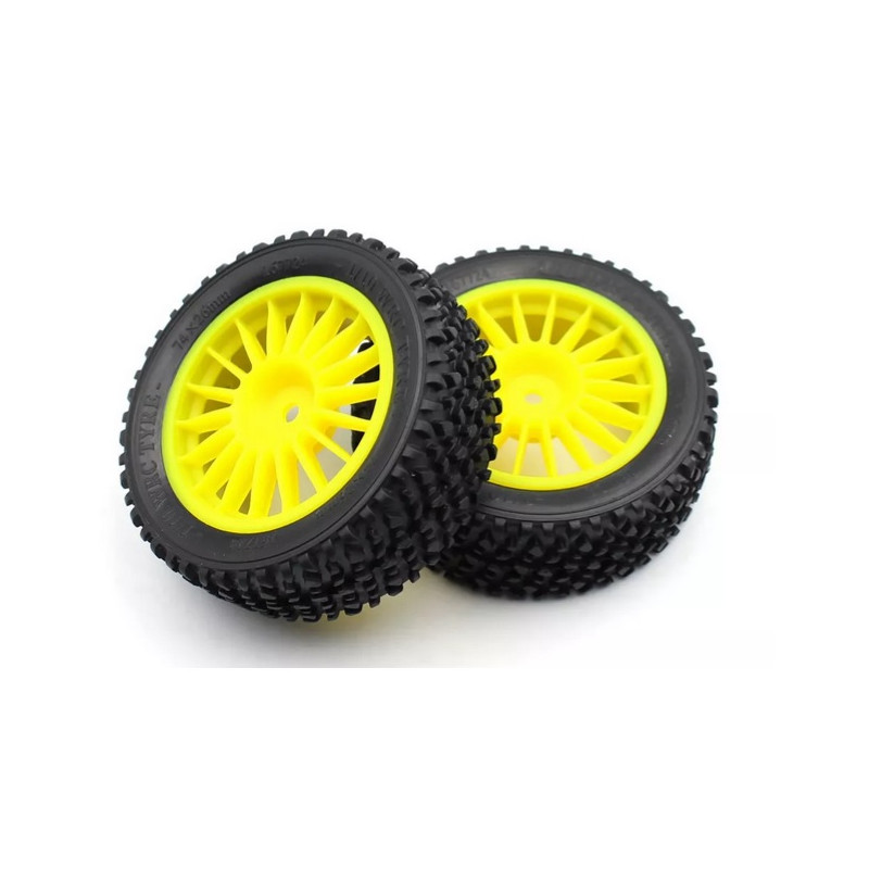 Kit 2 jantes + pneus AVANT voiture rc Rally 1/10 - JAUNE FLUO