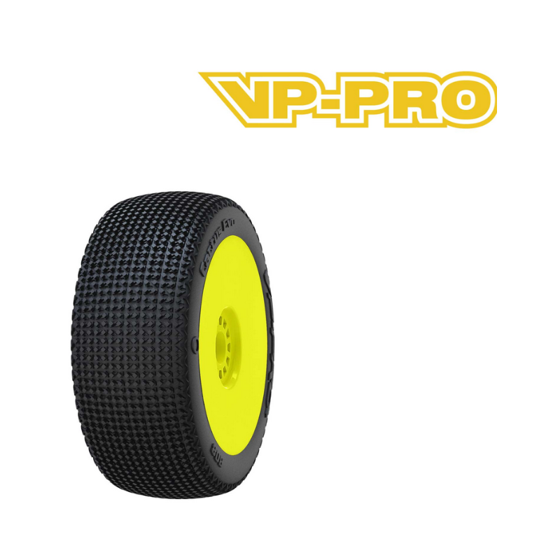 Set 2 banden 1/8 TRUGGY  VP PRO CACTUS EVO gemonteerd gelijmd op GEEL VELGEN met VP PRO INSERT te koop modelbouw winkel belgie