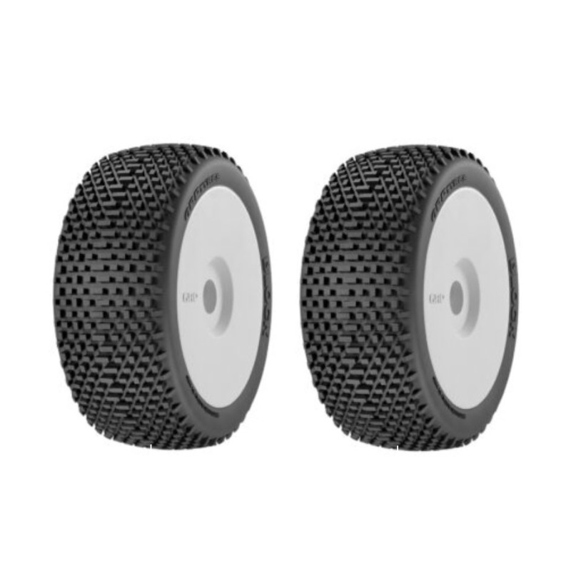 Set 2 banden 1/8 BUGGY M20 BLOCK gemonteerd gelijmd op WIT VELGEN met INSERT te koop belgie modelbouw