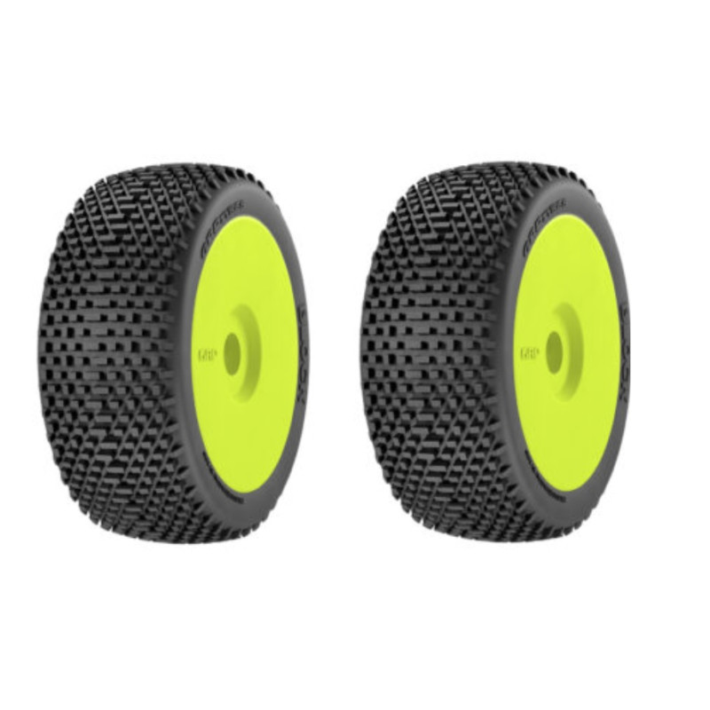 Kit 2 pneus 1/8 BUGGY M20 BLOCK montés collés sur JANTES JAUNES avec INSERT magasin modélisme rc belgique