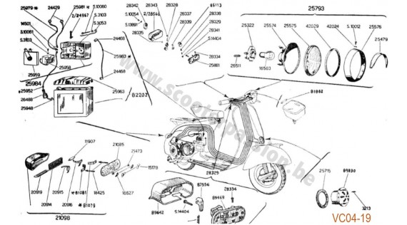 Phare, feu, klaxon, commutateur et batterie