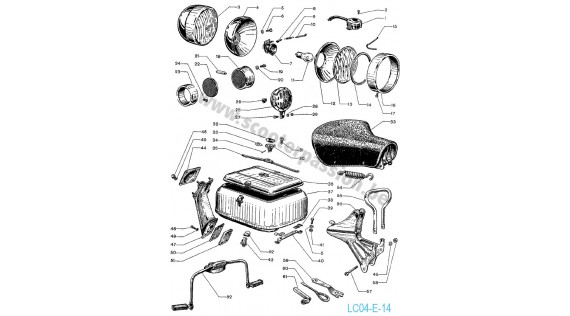 Phare, feu, selle, commutateur, klaxon et accessoires Lambretta E