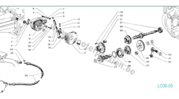 Sélecteur, arbres primaire et secondaire Lambretta 125 D, LD 125 1952 à 1954