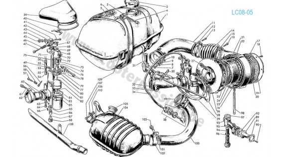 Réservoir, pot d'échappement, robinet, carburateur Lambretta TV 175