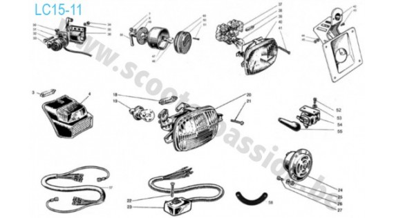 Phares, commutateur, klaxon, faisceau et bobine