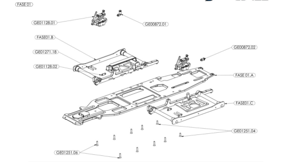 Assemblage framesteunen en remklauwen op frame rc auto Genius XR4 