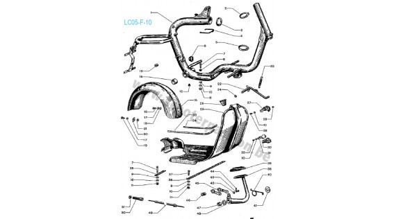  Lambretta F frame, standaard, achterspatbord en rempedaal 