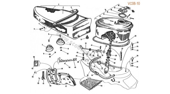 Selle, réservoir, robinet et emblèmes Vespa 