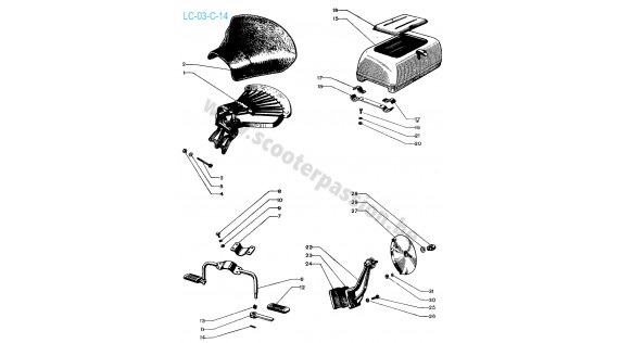 Achter zadel, handschoenekast en reservewielhouder Lambretta C