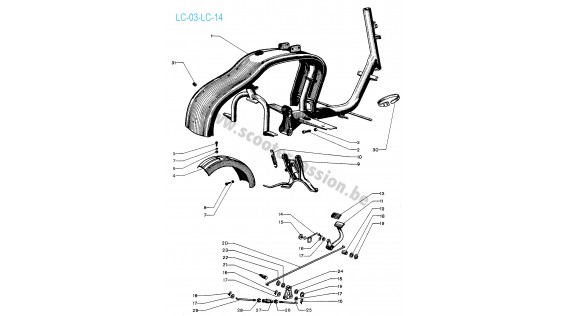 Châssis, tablier, béquille et pédale de frein 