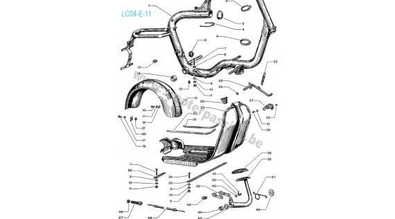Lambretta E frame, standaard, achterspatbord en rempedaal